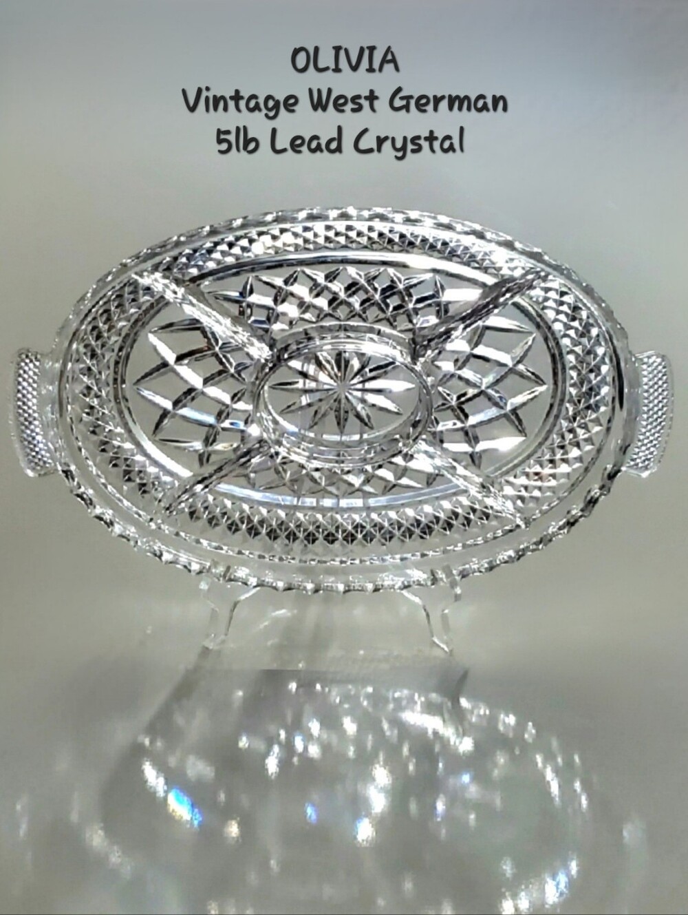 Vntg Olivia 14" Over 24% PbO Lead Crystal 5 Part West Germany 5lb Handled Server